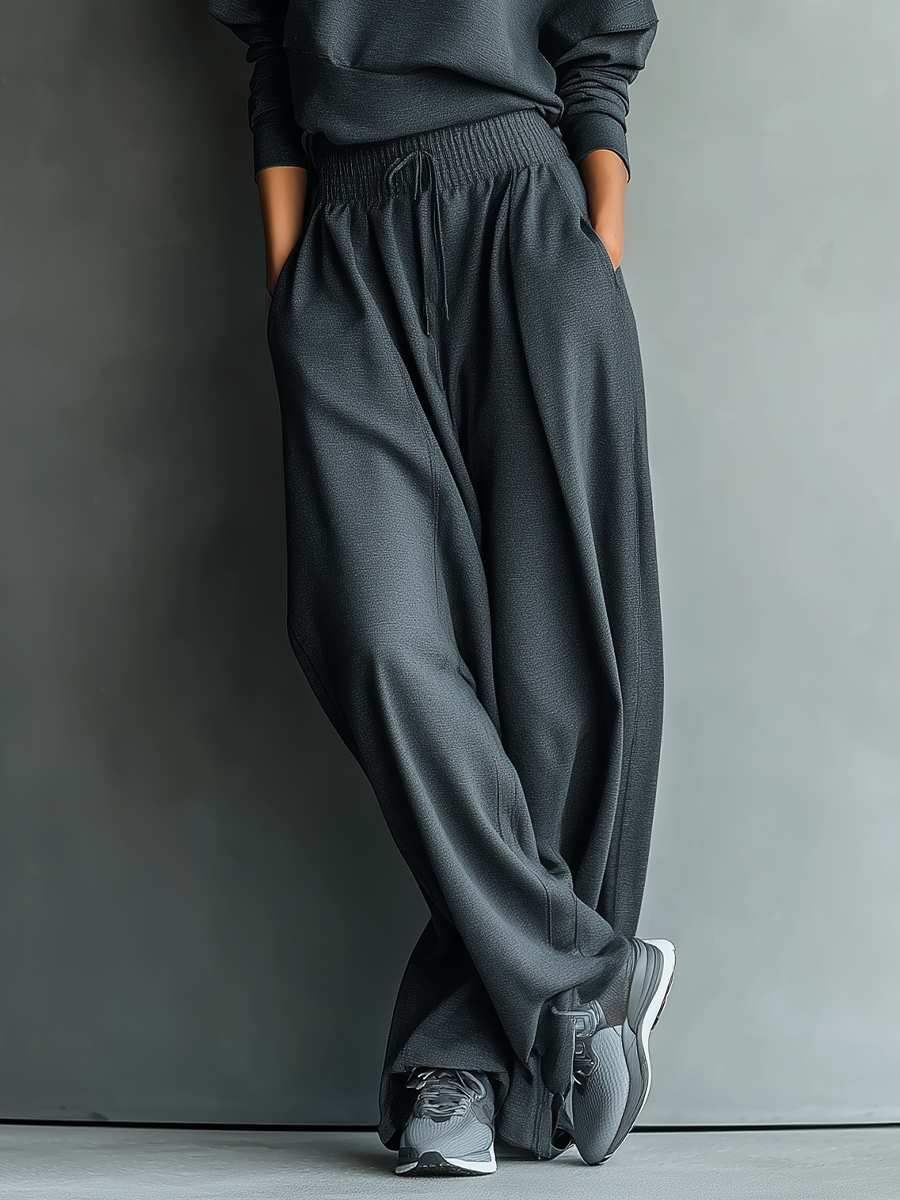 Women's Charcoal Knit Fabric Turtleneck Oversized Top & Wide-Leg Trousers Set MDA2435L7T