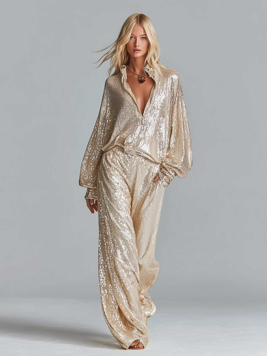 Women's Gold Glamorous Sequin Collared Half-Zip Wide-Leg Loungewear Party Set MDA2425I0I