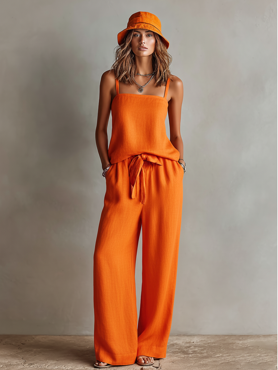 Women's Orange Linen Two-Piece Set With Square Neck Cami Top & Tie-Waist Wide-Leg Trousers, Timeless Boho-Resort Style Set MDZ0825D5I