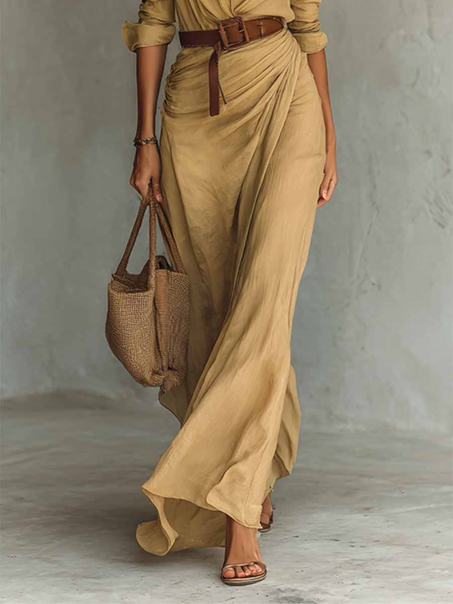 Long Maxi Dress with Lapel Collar and Long Sleeves
