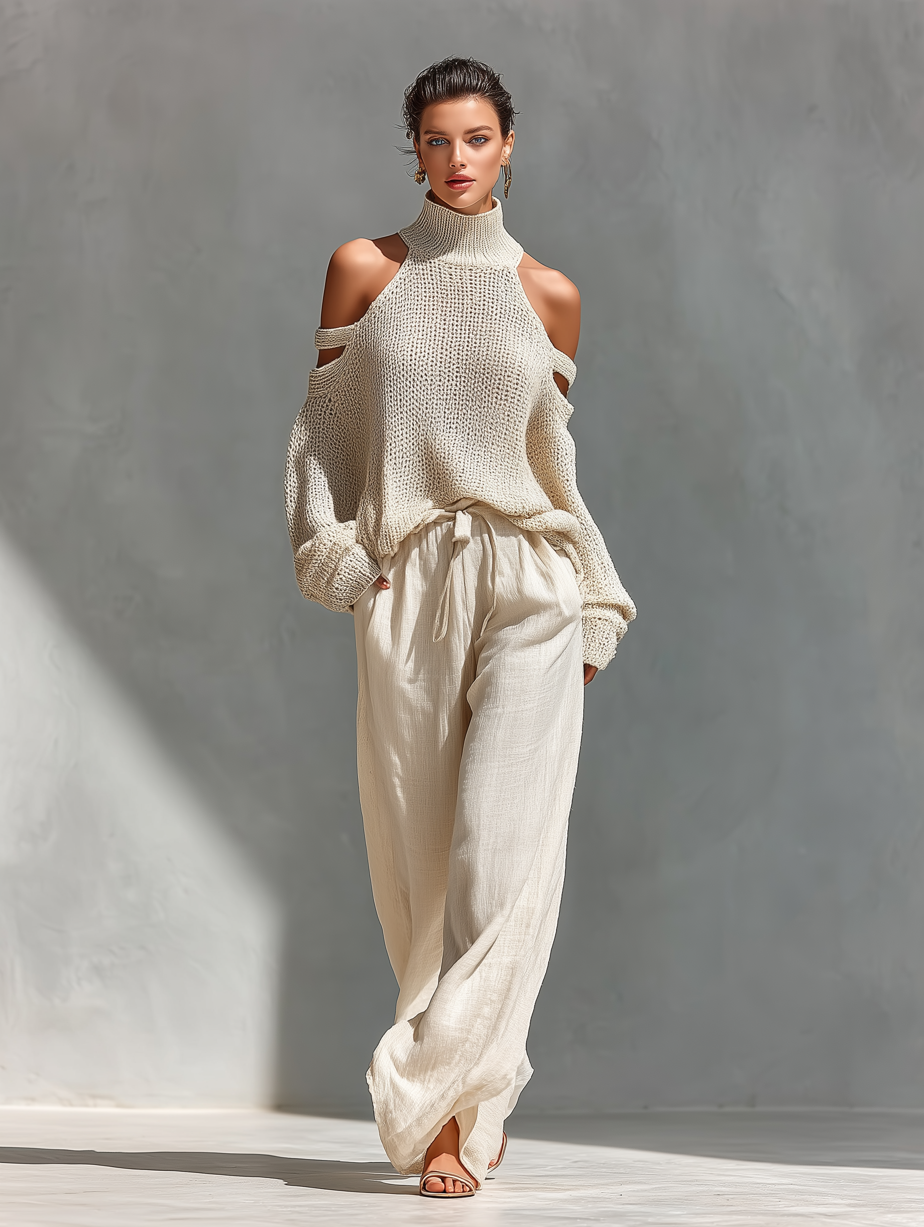 Thalia - Beige Knit Off-Shoulder Turtleneck Top & Wide Leg Trousers Set