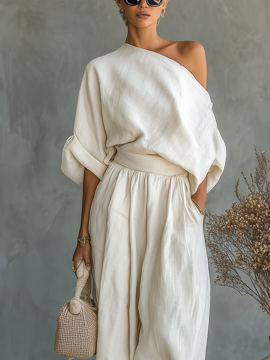 Women's Off-White Linen Set with Off-Shoulder Top and Tapered Trousers • S1