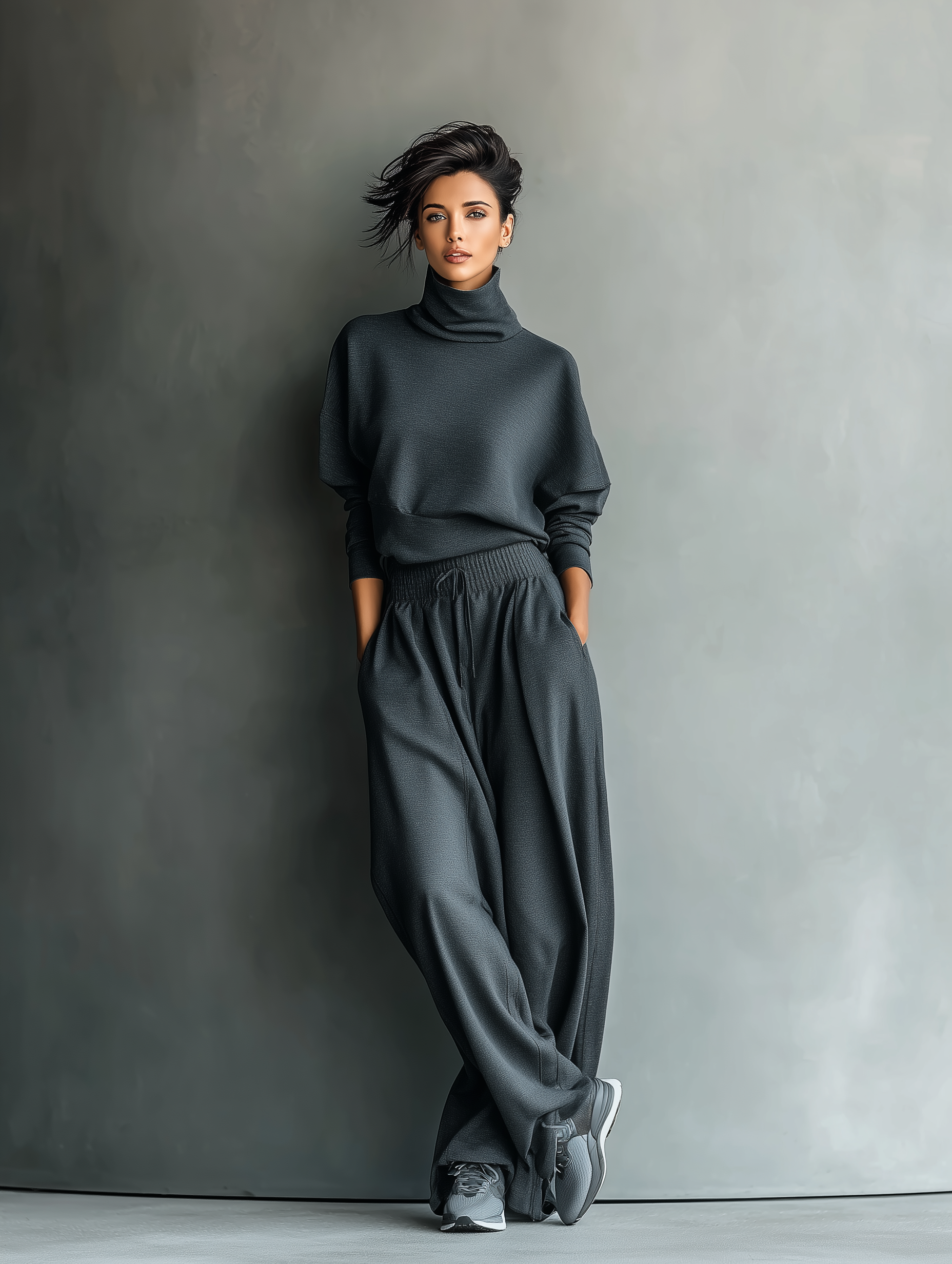 Women's Charcoal Knit Fabric Turtleneck Oversized Top & Wide-Leg Trousers Set MDA2435L7T