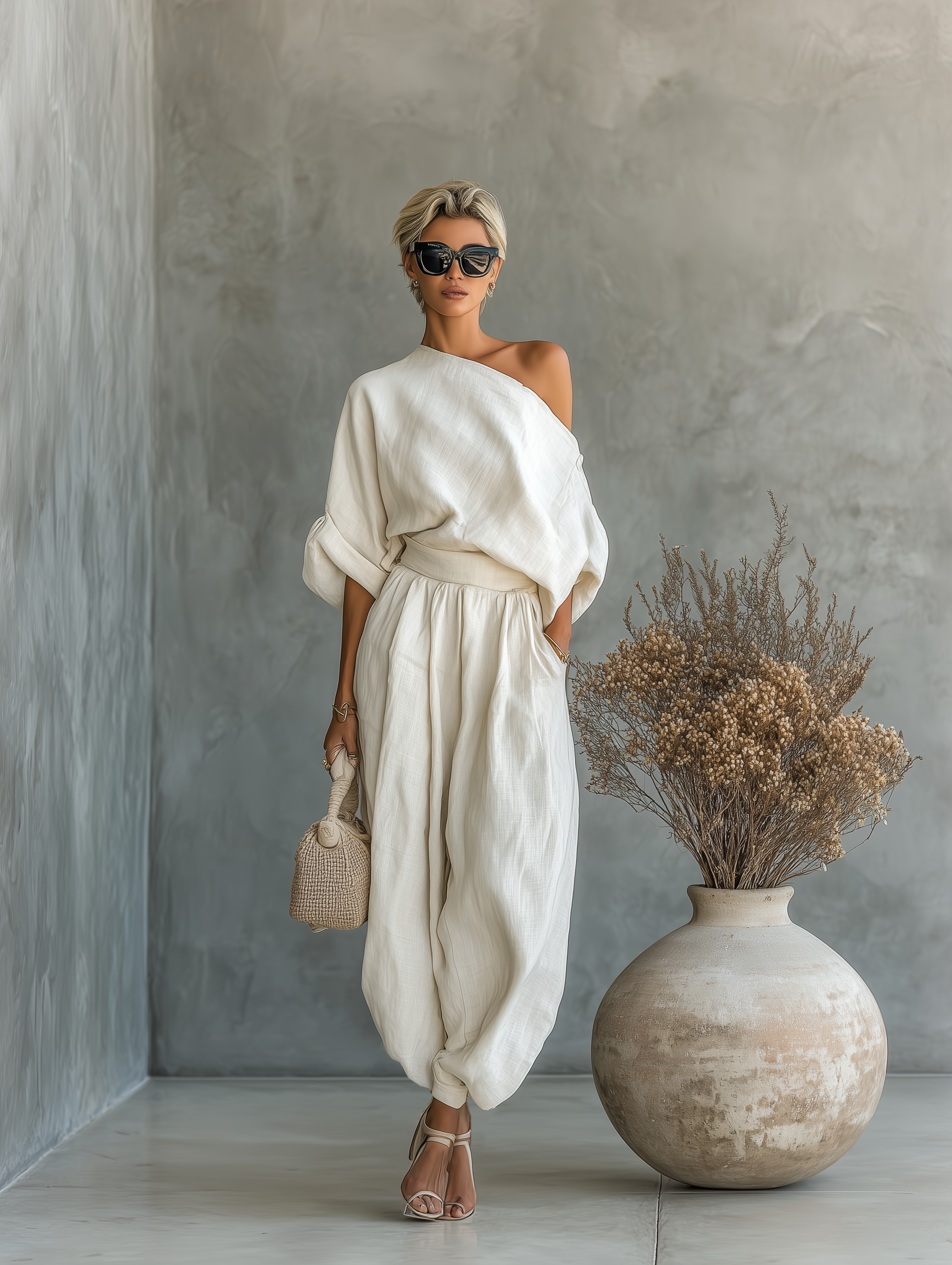Women's Off-White Linen Set with Off-Shoulder Top and Tapered Trousers • S1