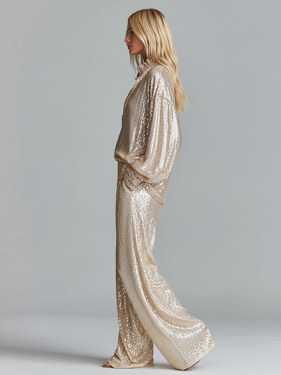 Women's Gold Glamorous Sequin Collared Half-Zip Wide-Leg Loungewear Party Set MDA2425I0I